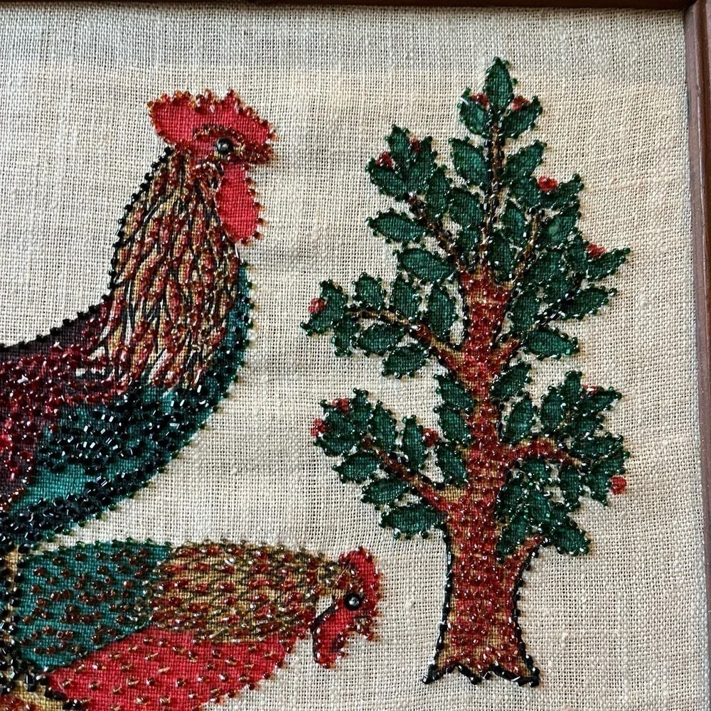 VTG Rooster Liquid Embroidery Woven Linen Pen Art w/Beaded Embellishment - Picture 3 of 12